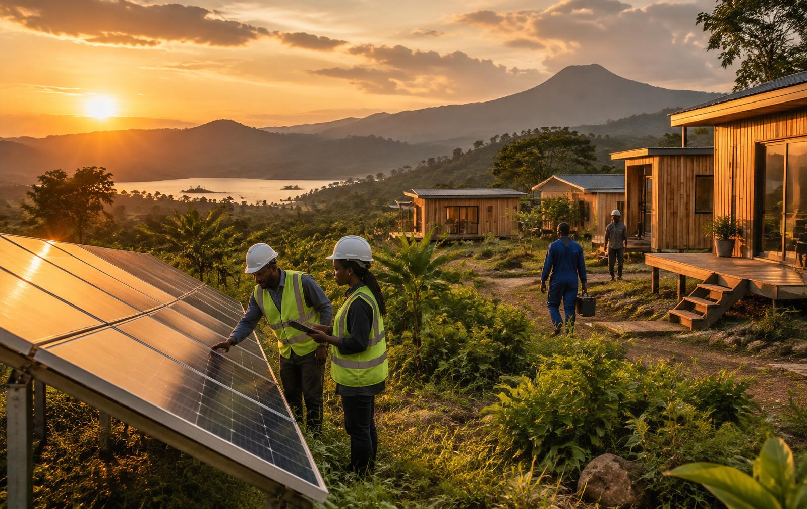 Technicians inspecting solar panels beside modular timber housing at sunset